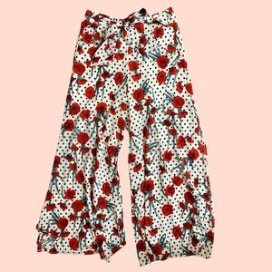 FOREVER21 Floral Polka Dot Print Wide-leg Slit Pants
